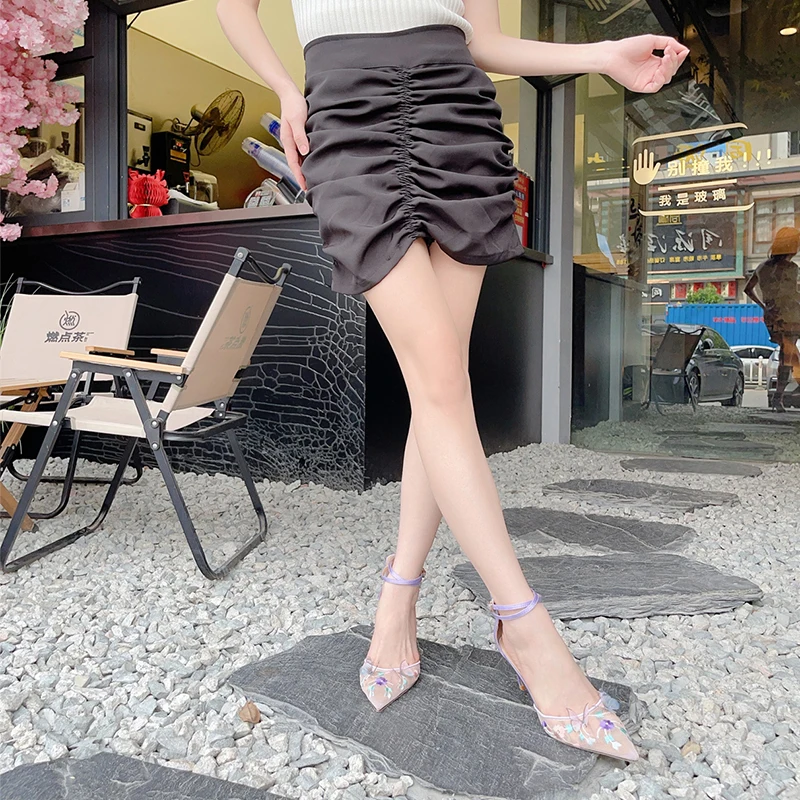 New pointed mesh chiffon butterfly luxurious embroidery flower temperament wedding shoes ankle strap high heels for women