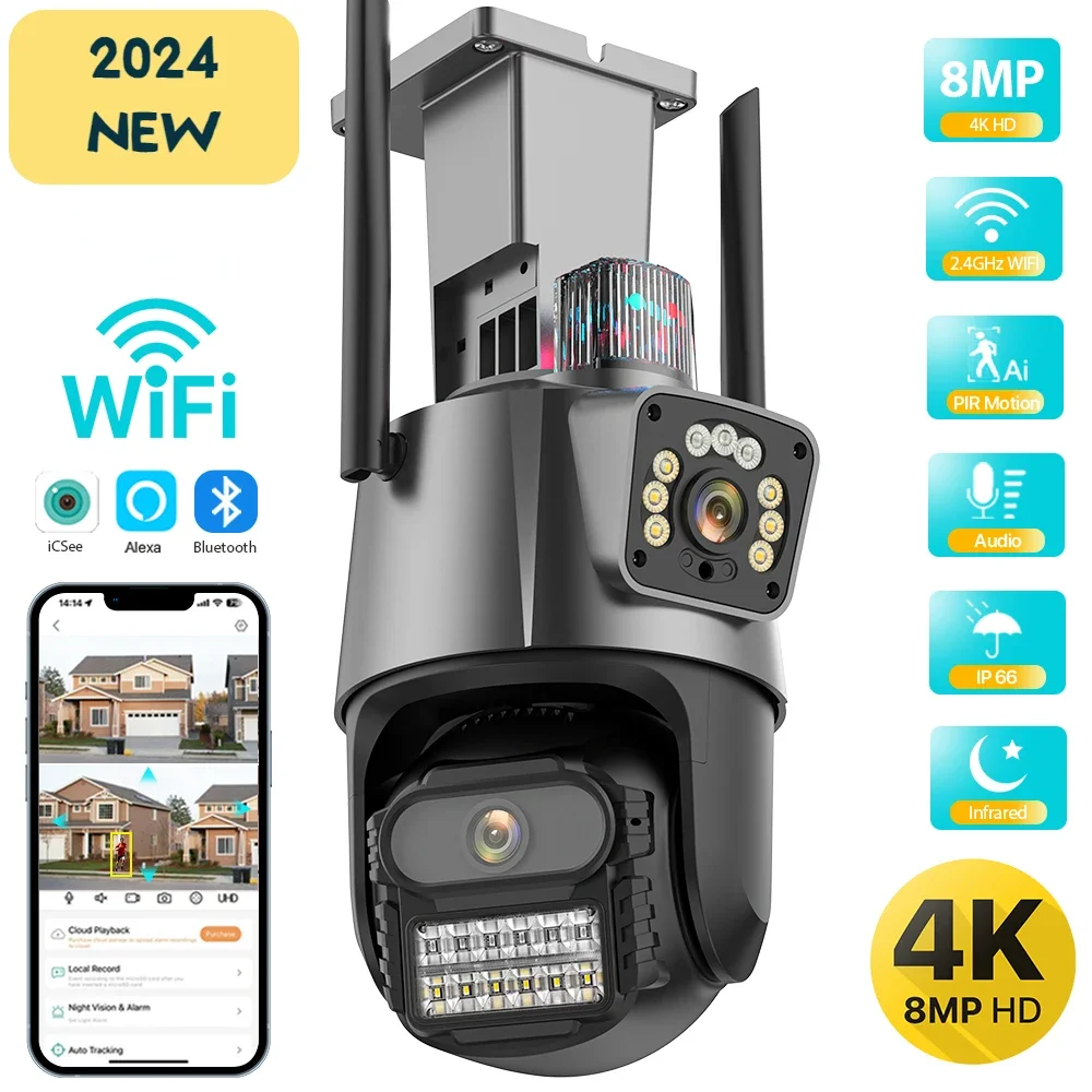 8MP PTZ Outdoor WiFi Camera with Dual Screen Color Night Vision AI Auto Tracking 4MP Security IP Camera CCTV Surveillance Camera