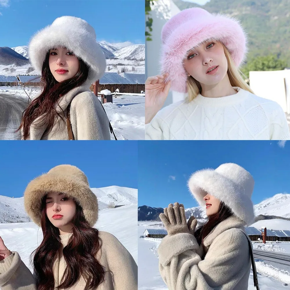 New Warm Fluffy Fur Bucket Hat Cold Snowy Day Panama Cap Ear Protection Cover Head Cap Berets Women