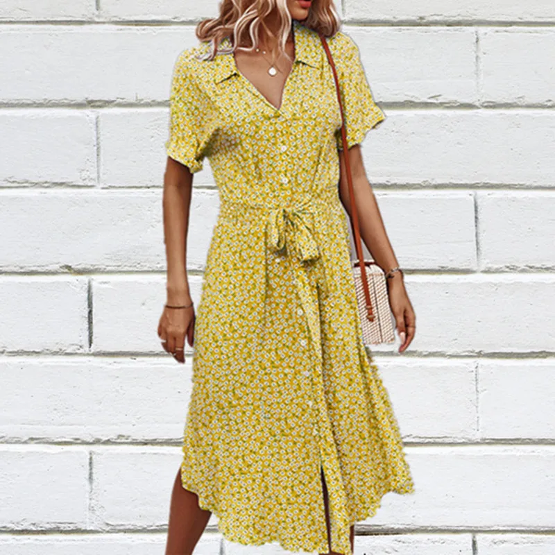 Frauen Frühling Sommer Druck Blumen langes Kleid Boho Chic lässig Urlaub Kurzarm Knopf elegante Femmle Mode Mädchen Sommerkleid