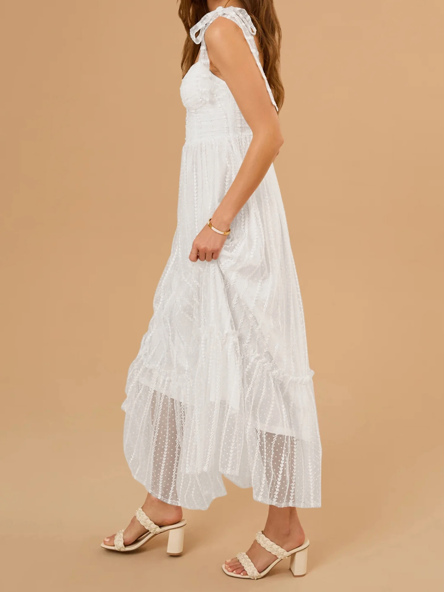 Elegant Floral Lace Sleeveless Dress with V-Neckline and Tie-Up Straps for Summer Wedding Party Beach Streetwear Cocktail