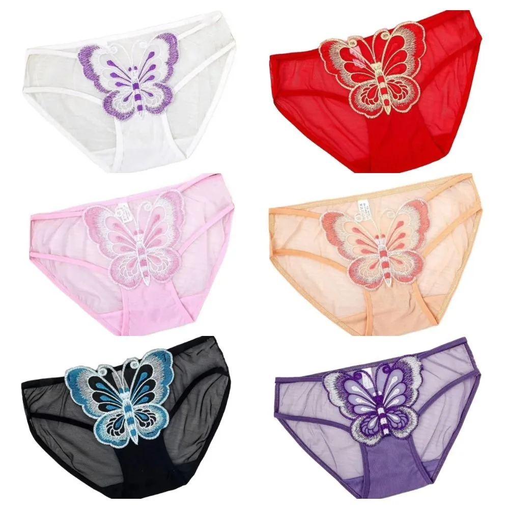 

Transparent Butterfly Embroidery Panties Cotton Crotch Thin Women's Mid Waist Mesh Briefs Solid Color Seamless