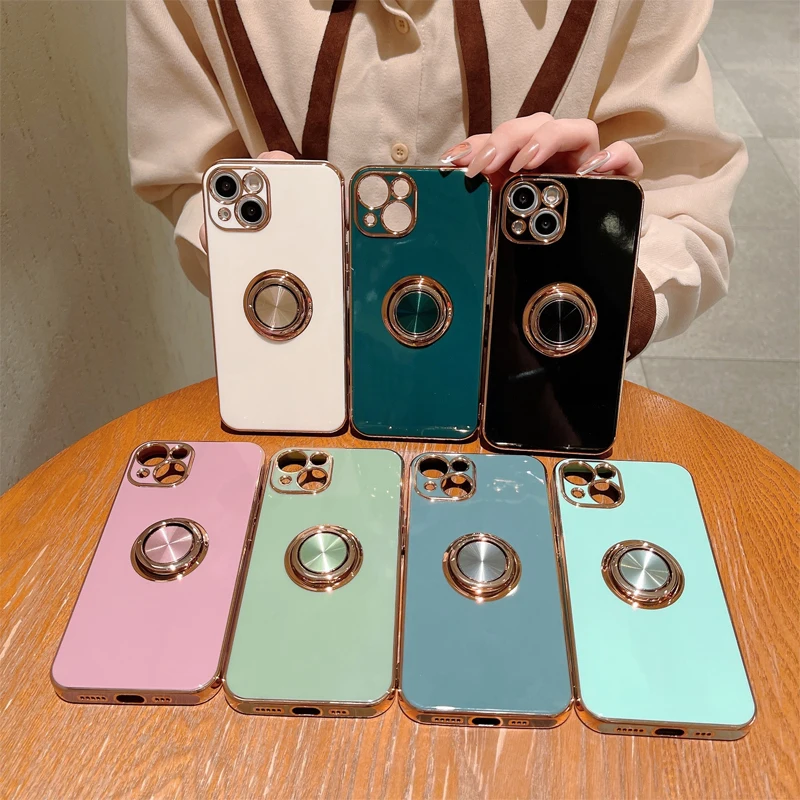 Luxury Silicone Ring Holder Phone Case For iPhone 11 12 13 14 15 Pro Max Mini X XR 8 Plus With Rotate Kickstand Shockproof Cover