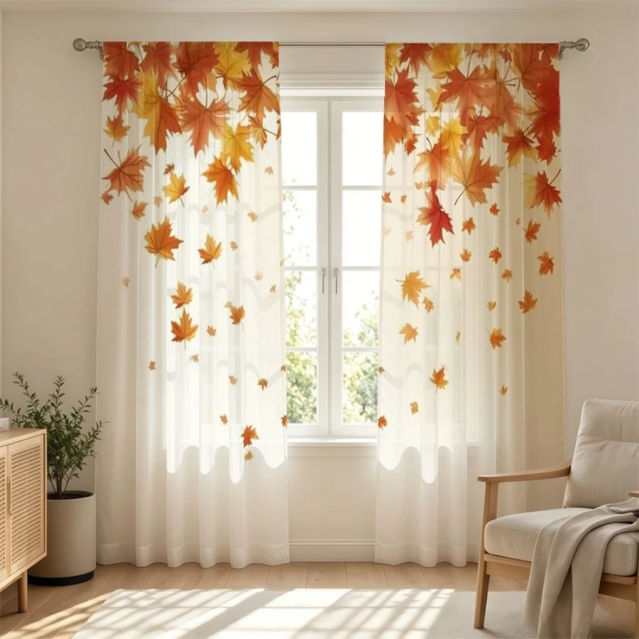 2PCS Thanksgiving Fall Sheer Curtains, Maple Leaf, Digital Print, Bedroom Living Room Kitchen, Rod Pocket Polyester, Home Decor