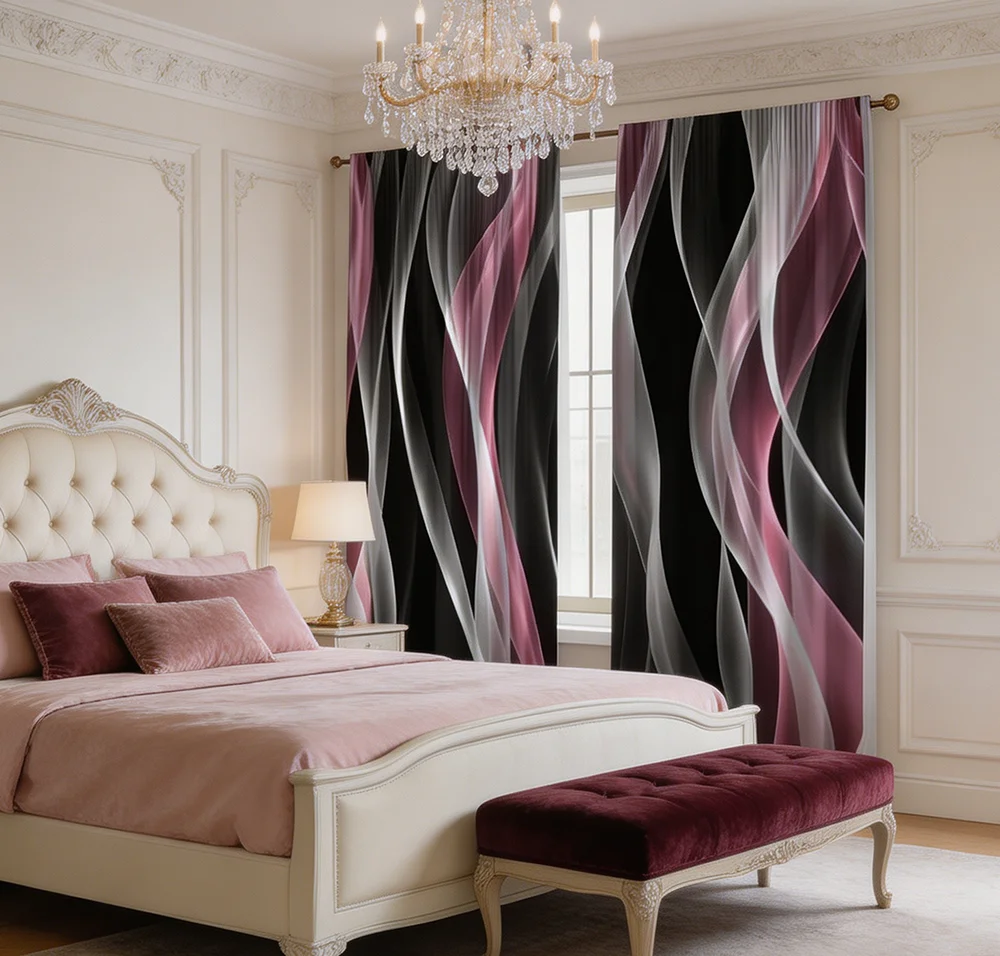 2PCS Digital Printed Curtains, Black Pink Vortex Spiral Modern Abstract, Rod Pocket Window Drapes for Living Room Bedroom Decor