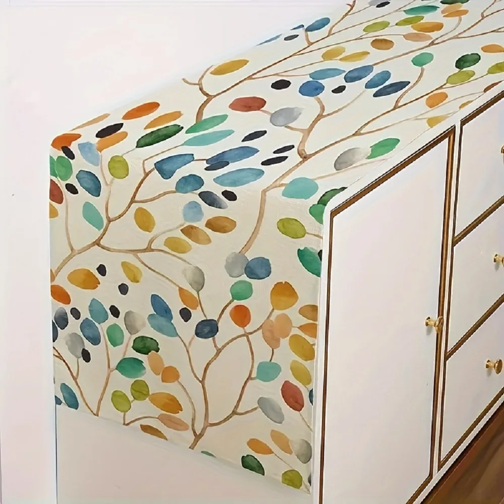 1 Piece of Colorfulful Leaf Pattern Table Runner, with Colorfulful Polka Dot Leaves and Brown Branches to Create a Fresh Picture, Suitable for Restaurants, Home Decoration, Cafe