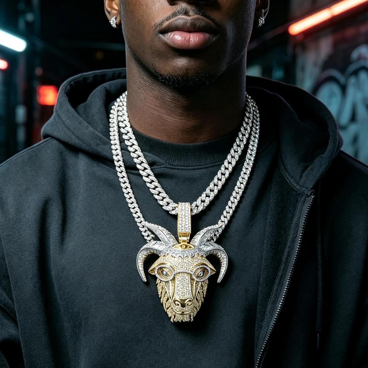 Hip Hop Goat Head With Glasses Pendant Micro Paved Shiny Men Streetwear Rap Accessory Luxury Bling Trendy Icy Gift Full Diamond Fine Jewelry Gifts for Men Boy Friends Rapper 3D Iced Out Goat Pendant Two-Tone 18K Gold Plated Cubic Zirconia Charm Jewelry