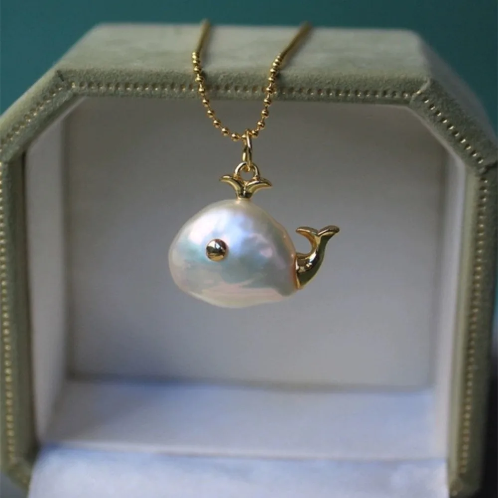 New Pearl Baroque Whale Necklace Marine Color Preserved Clavicle Chain Birthday Gift Small Fish Studs Earrings Women