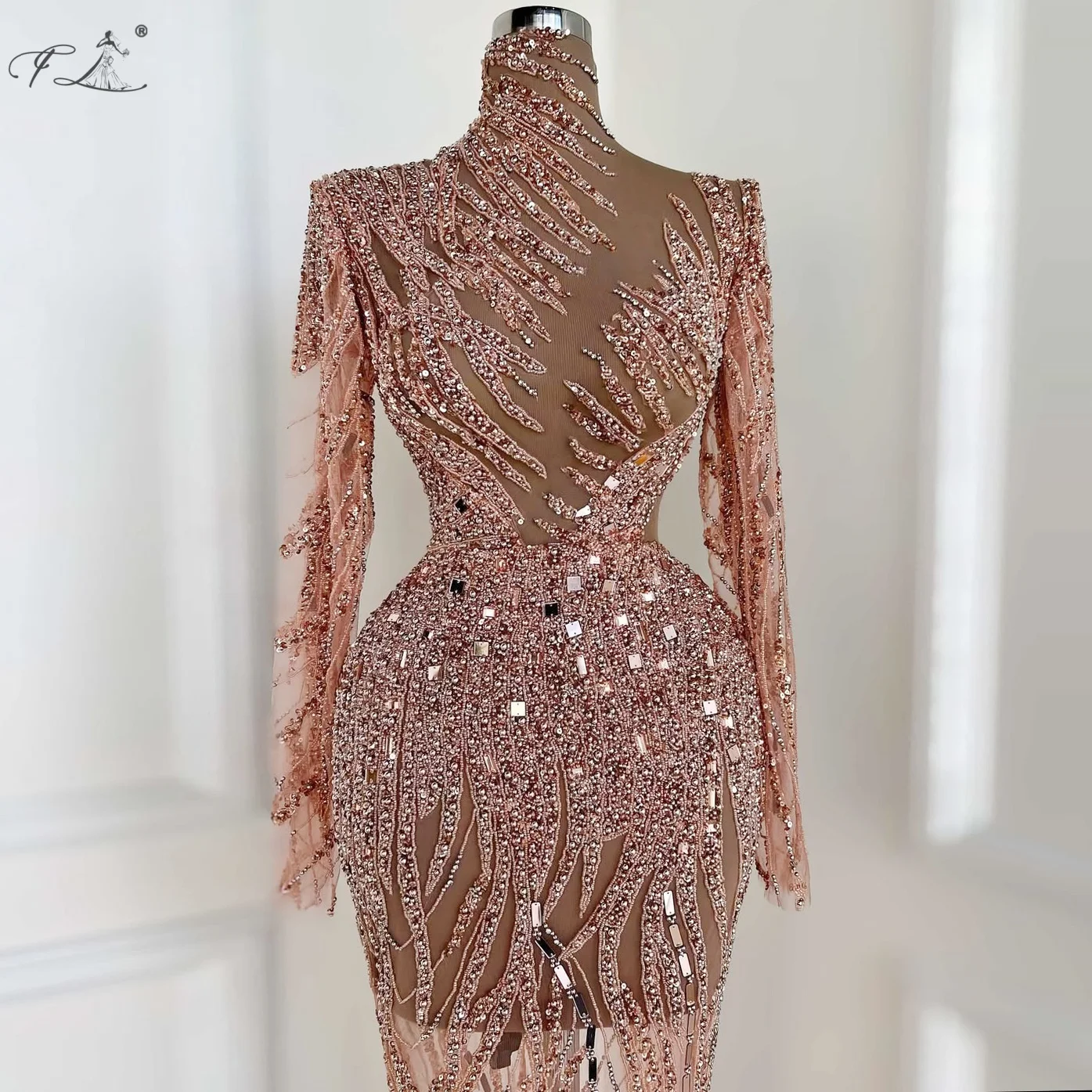 Paillettes perlées manches longues robe de soirée rose clair sirène pure tulle jupe col haut évidé robe de soirée robe de bal 2025