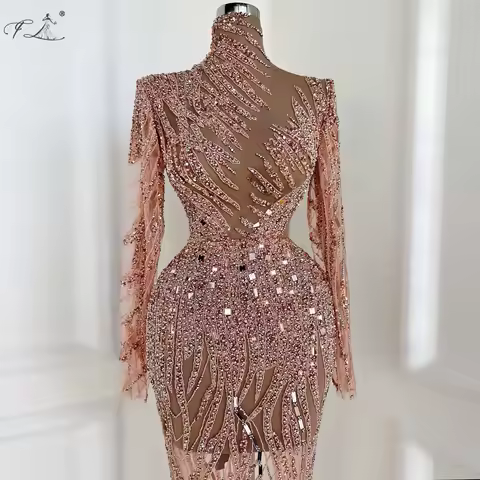 Sequin Beaded Long Sleeves Evening Dress Light Pink Mermaid Sheer Tulle Skirt High Neck Hollowed-Out Party Dress Prom Dress 2025