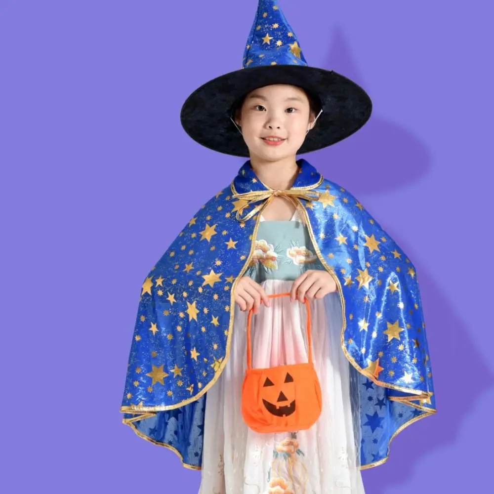 Capa de bruja estrella con sombrero, traje de mago Multicolor, conjuntos de capa de Halloween para niños, dorado con sombrero de mago, disfraces de Halloween
