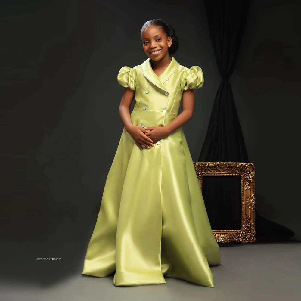 Elegant Bright Satin Flower Girl Dresses Pretty Puffy Sleeves Button A Line Kids Brithday Party Gown Pageant Photography Dress