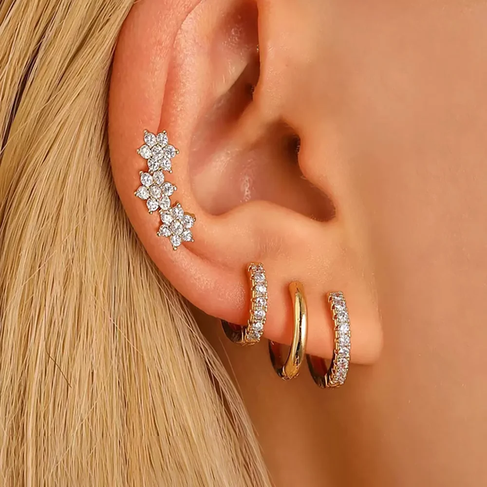 4PCS Fashion Stainless Steel Zircon Round Hoop Earrings Set For Women European Simple Hoops Flower Ear Stud Wedding Jewelry