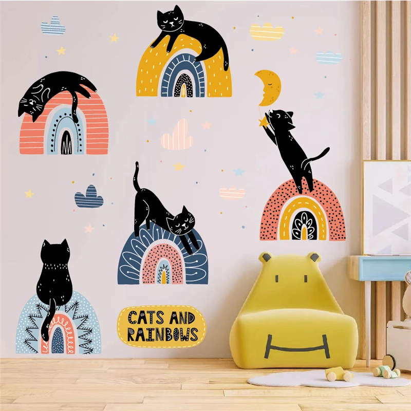 Naughty Cats With Rainbow Wall Stickers For Kids Bedroom Home Decoration Diy Pet Animals Mural Art Home Decals Pvc Posters