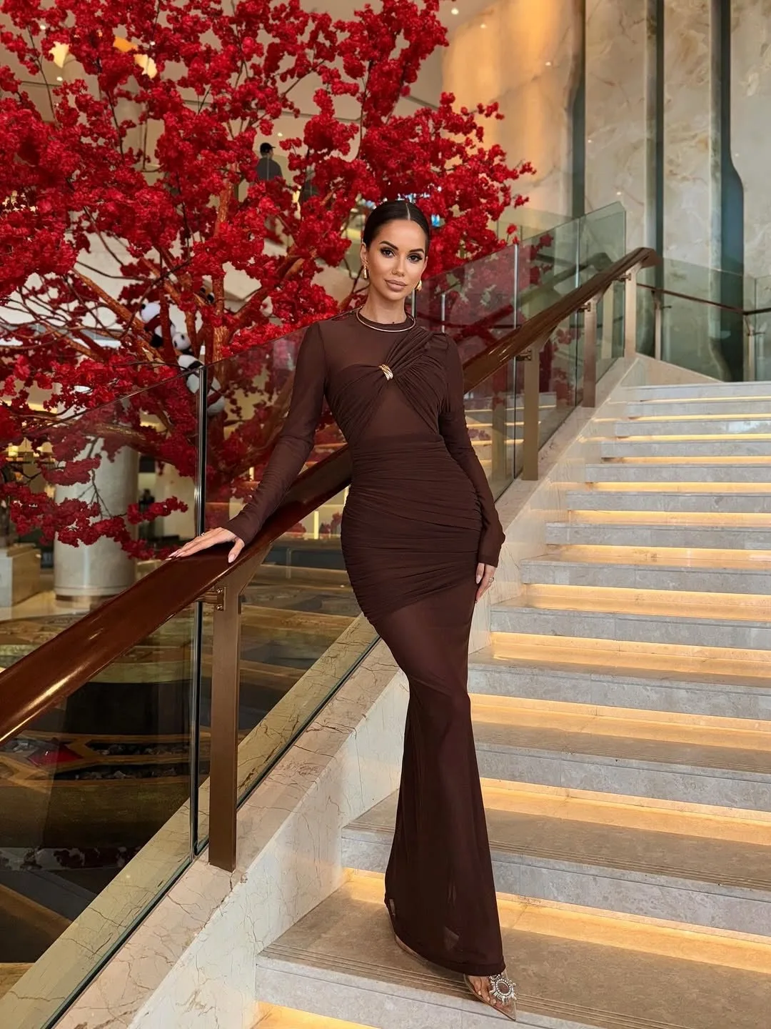 

High Quality Mesh Slim Hip Hugging Dress Spring Women Long Sleeved O Neck Long Dress Autumn High Waist Zipper Knee Length Dress
