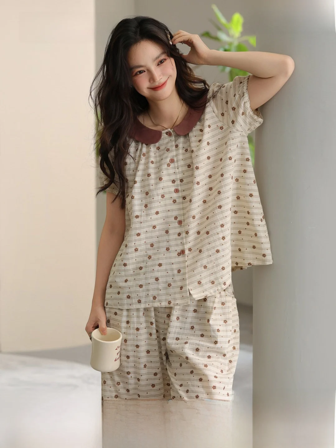 ulla-princess-ropa-de-dormir-de-verano-de-manga-corta-con-estampado-floral-de-copo-de-nieve-ropa-para-el-hogar-pantalones-de-nueve-puntos-suaves-y-comodos-para-mujer
