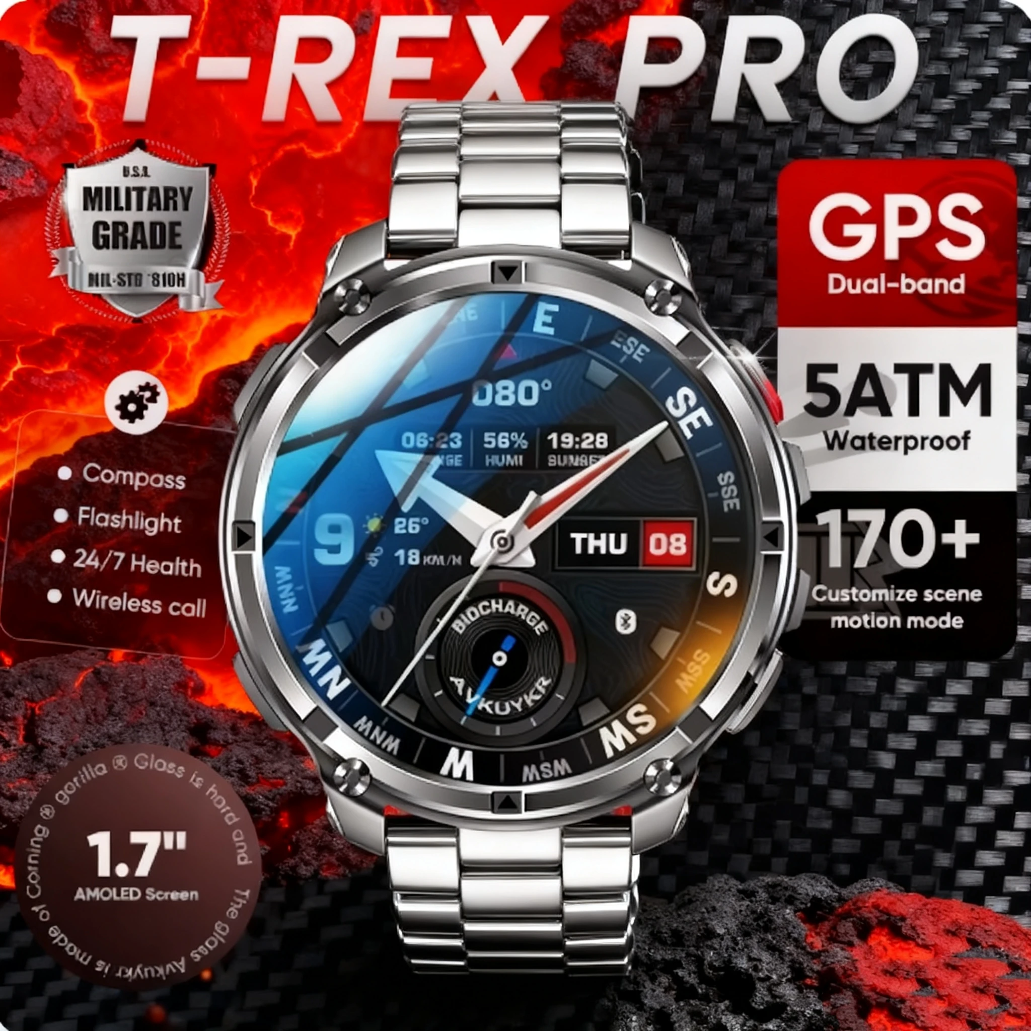

2026 New T-Rex3 Pro 1100mAh Battery Smart Watch GPS path 5ATM Waterproof Sports Run tracker Outdoors Compass Military Smartwatch
