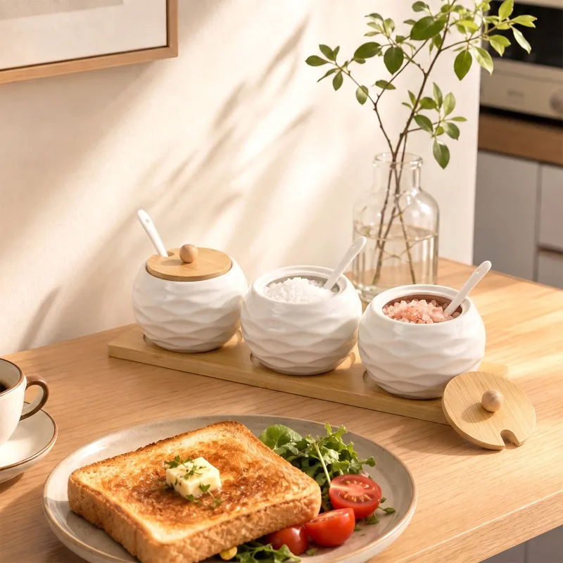 Ceramic Spice Cellars Wavy Design Includes 3 Ceramic Spoons, Matching Bamboo Tray, 11.2x2.5x2.3 inch Overall, Two Pattern Variants, Round Jar Design