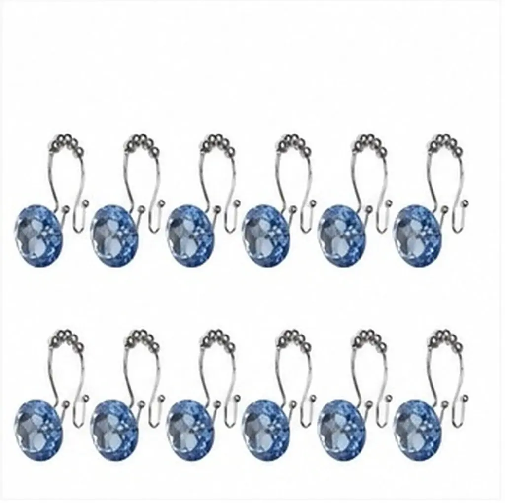 12Pcs Water Resistant Glide Double Shower Curtain Hooks with Rhinestone Decor Premium Stainless Steel for Bathroom Metal Rods