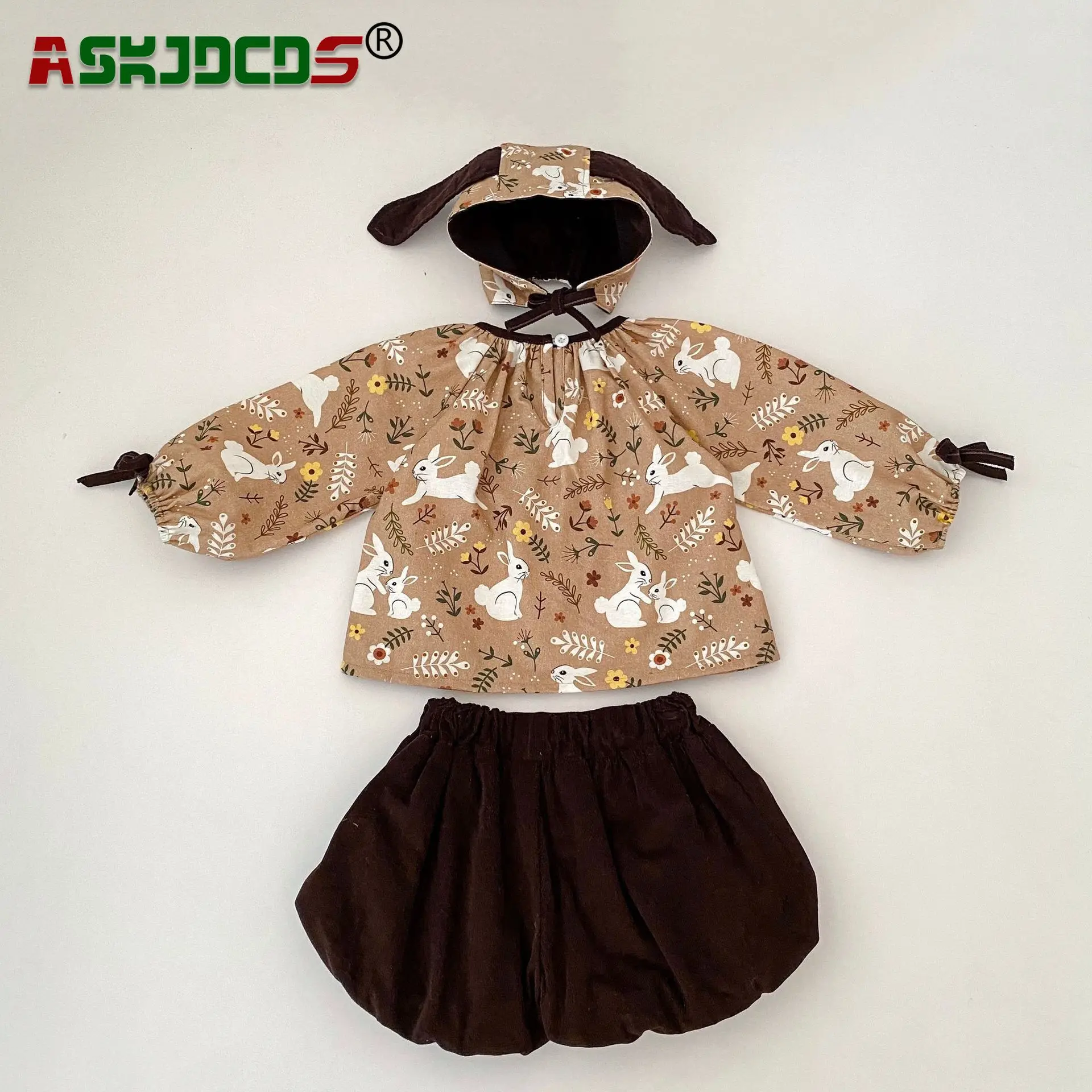 Adorable Rabbit Print Bodysuit Set for Infant Girls - 2023 Autumn Collection: Long Sleeve Top, Solid Color Pants, and Cute Hat