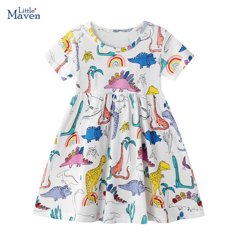 Little Maven Kinderkleidung für Babys, Mädchen, 2025, Sommer-Kinderkleidung, Baumwolle, Cartoon, Regenbogen, Dinosaurier, Kleider, Geburtstagsgeschenke