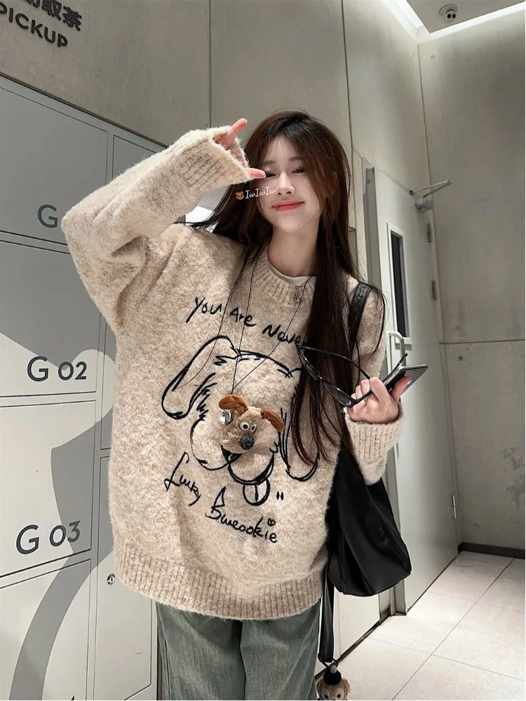 Y2k Aesthetic Women Sweet Cartoon Jacquard Sweaters New Grunge Vintage Bow Hole Jumpers Loose Knitted Harajuku Pullovers Female