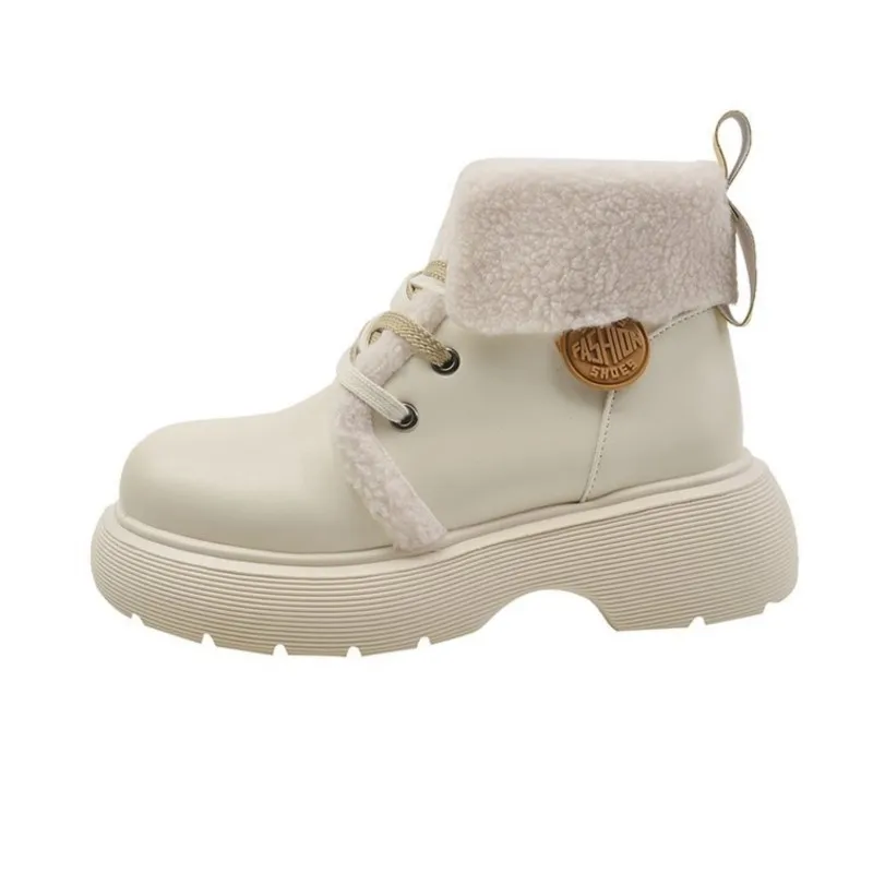 

Новинка 2025, зимние ботинки, женские зимние маленькие кожаные туфли на толстой плюшевой подошве и теплая хлопковая обувь