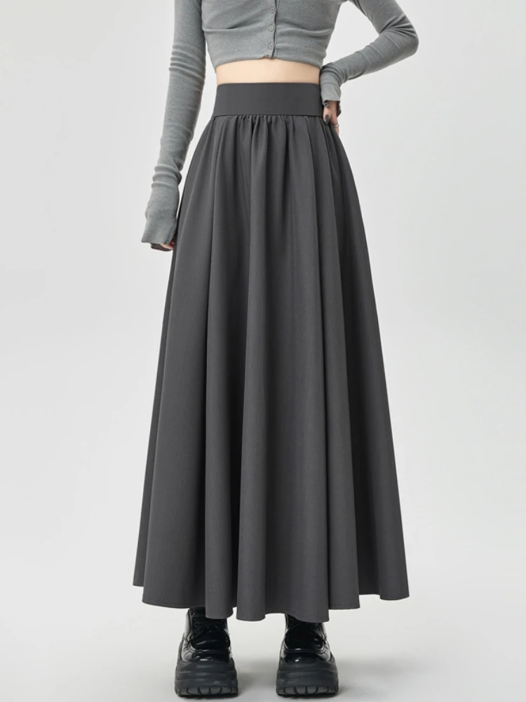 Grey Black Midi Long Skirts Womens Maxi Skirt 2024 Autumn Winter Suit Skirt Office Lady Vintage High Waist Ruffle Pleated Skirts