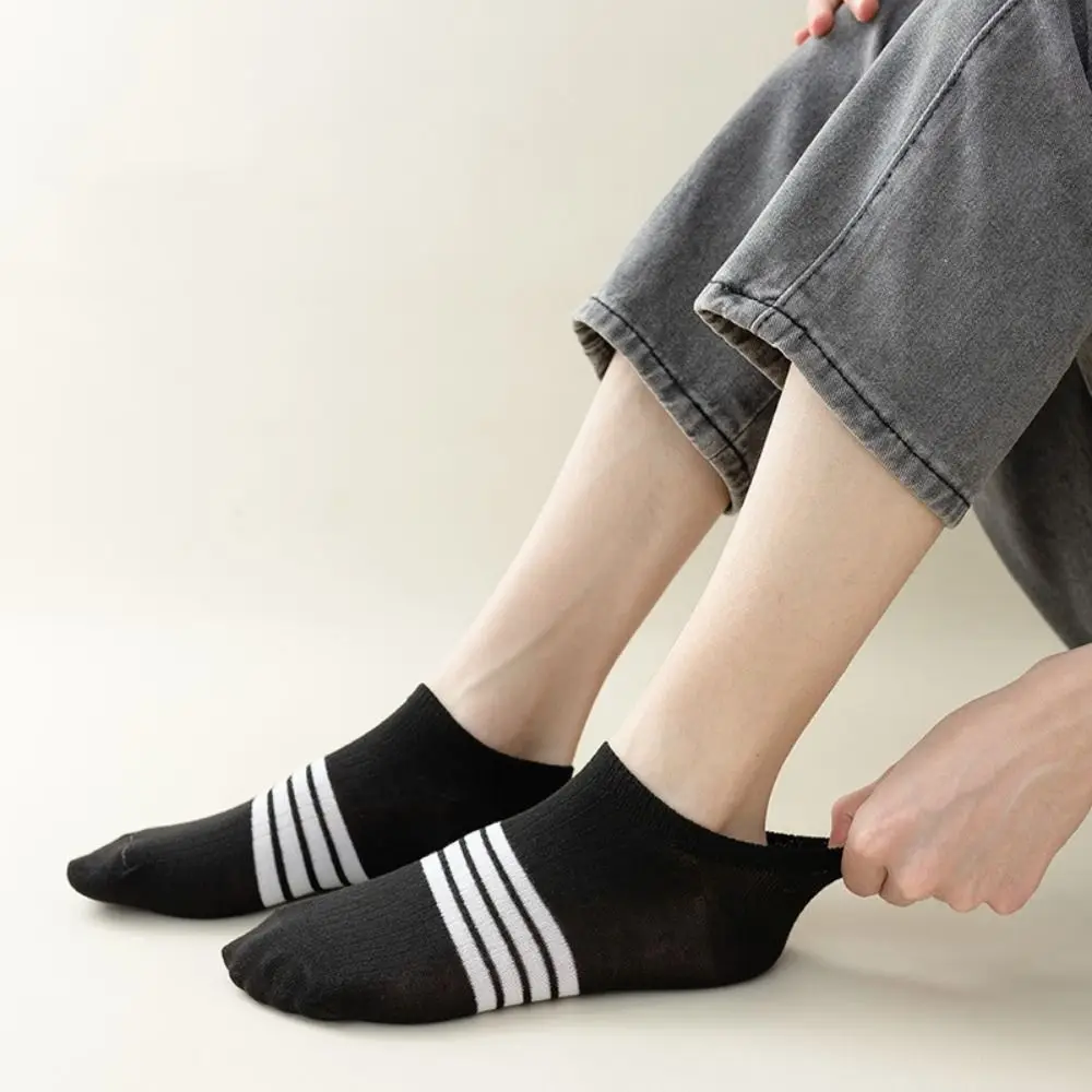 10Pairs Elastic Patchwork Ankle Thin Socks Cotton Breathable Striped Invisible Socks Anti-slip Hosiery Men's Tube Socks Summer