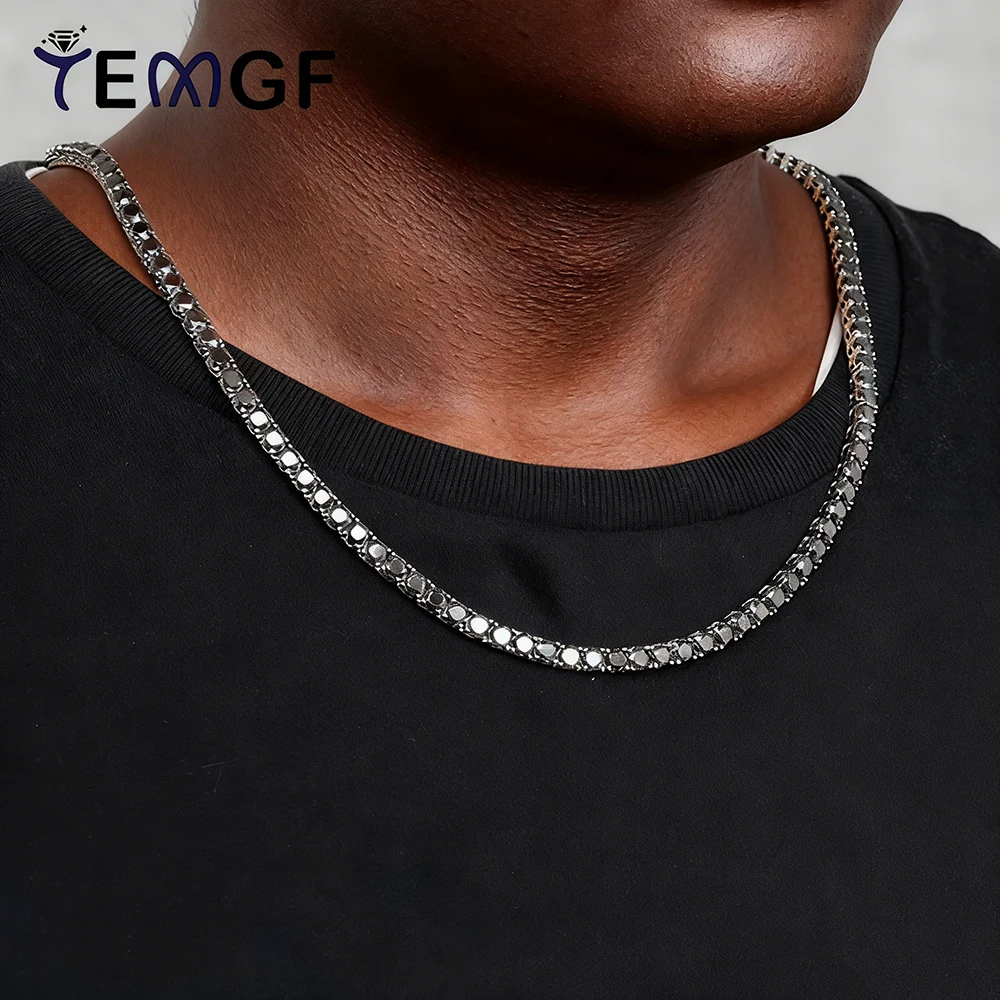 

TEMGF Full Black Moissanite Necklace 925 Silver Tennis Chain for Women Men Luxury Fine Jewelry Couple Hip Hop Trendy Ornaments