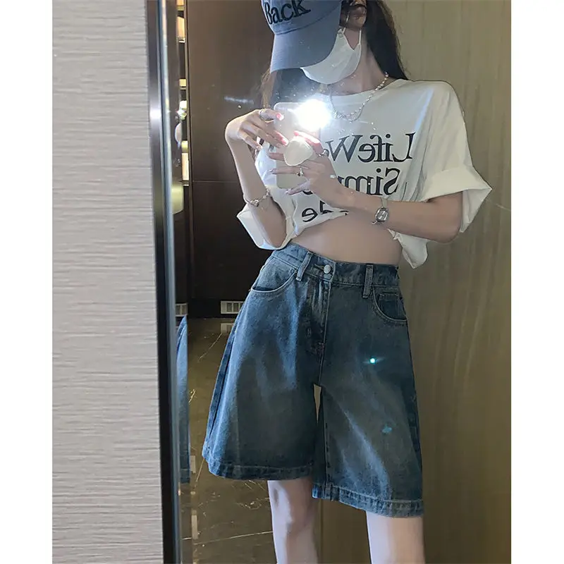 Elastic Waist Denim Shorts for Women\'s Loose Fitting Summer New Retro Hong Kong Style Capris Versatile Slim High Waisted Pants