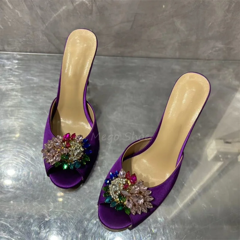Crystal Stiletto High Heels Purple Velvet Slippers for Women Banquet Shoes Sexy Sandals Shoes Handmade High Quality Big Size 43. — zdjęcie 3