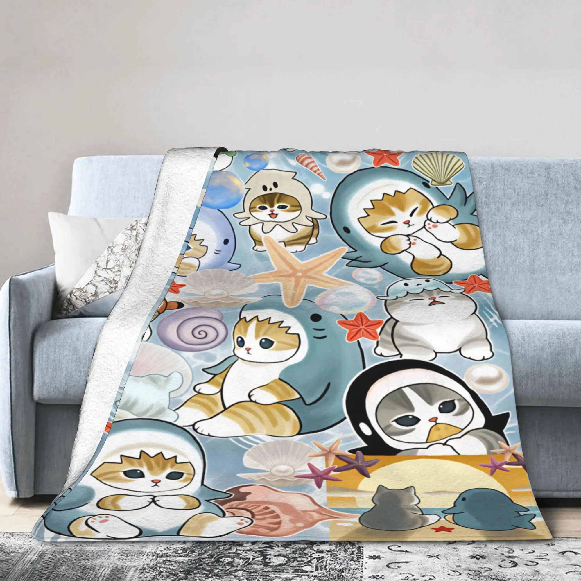 Warm Soft Blanket Travel Mofusand Japanese Shark Cat  Throw Blanket  Flannel Bedspread For Outdoor Novelty Sofa Bed Cover