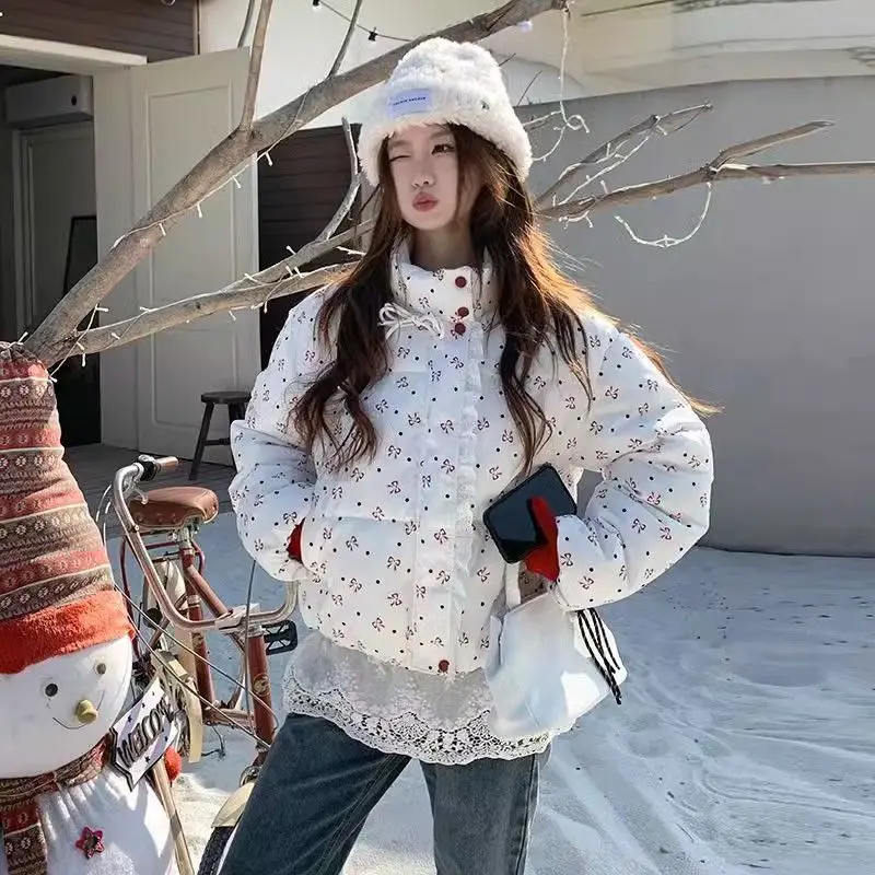 Sweet Wind Japanese Cotton-padded Jacket 2025 Winter Thick Bow Printed Cotton-padded Jacket Short College Wind Coat