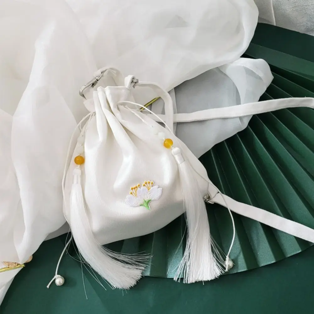 Etnische Stijl Hanfu Zijden Drawstring Tas Kwastje Chinese Stijl Borduurwerk Bloem Handtas Hanfu Accessoires Crossbody Tas