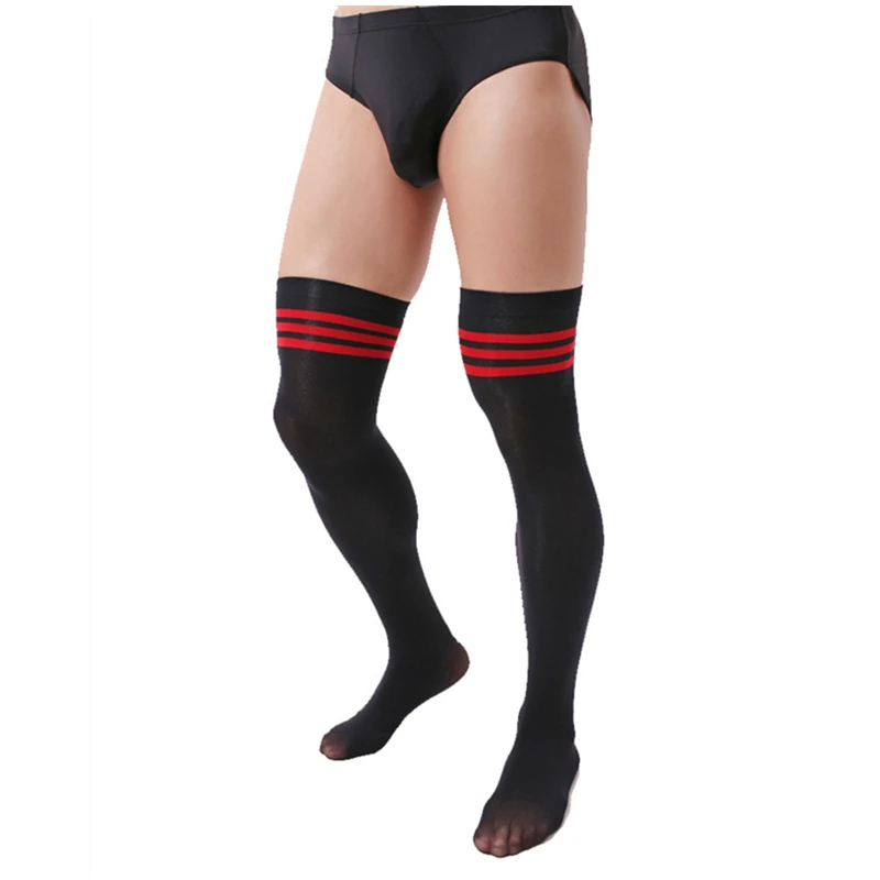 Mens High Socks Sexy Sports Stocking Men Erotic Formal Dress Business Socks Strip Black Red Men\'s Socks Male Stocking Mens Socks