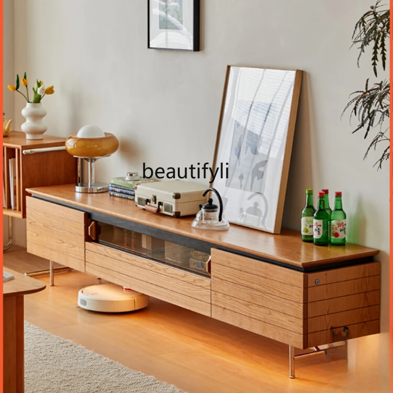 Cherrywood TV Cabinet Solid Wood Stone Plate Stainless Steel Leg Locker Small Apartment Japanese Style Coffee Table Combination