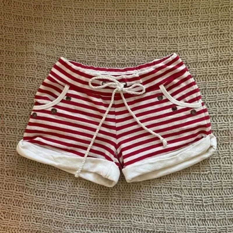 

American retro red and white striped drawstring hot pants Y2K millennium hot girl highstreet trendy comfortable versatile shorts