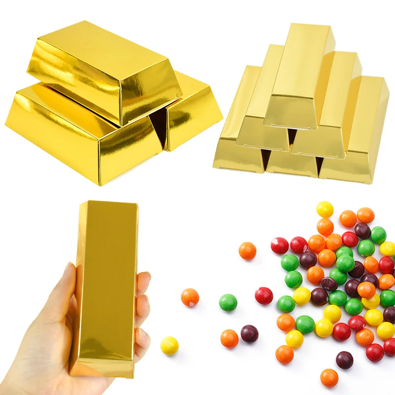 10Pcs Paper Gold Bar Gift Box Fake Gold Bullion Simulated Golden Brick Candy Bar Bag Birthday Party Decorations Baby Shower