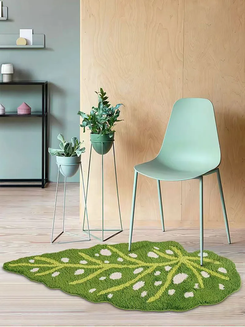 Green Leaf Shaped Super Absorbent Bathroom Rug Home Decor Sofa Floor Carpet Non-slip Bath Mat Machine Washable Flock Bedroom Mat