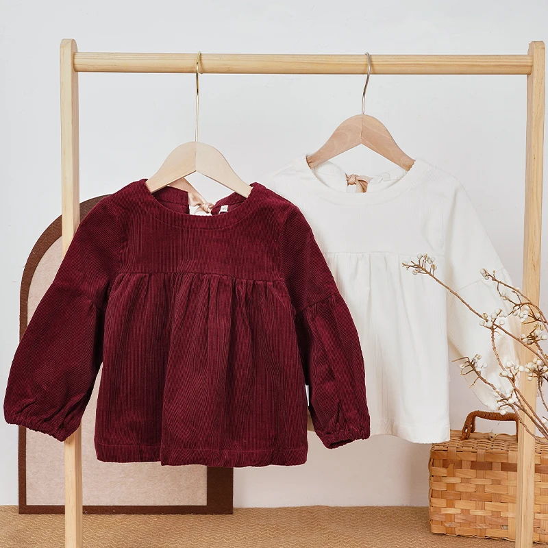 Autumn Winter Girls' Top New Long Sleeved Christmas Red Corduroy Bubble Sleeve Shirts Chic Children's Clothing 아동복 가을 - Image 3