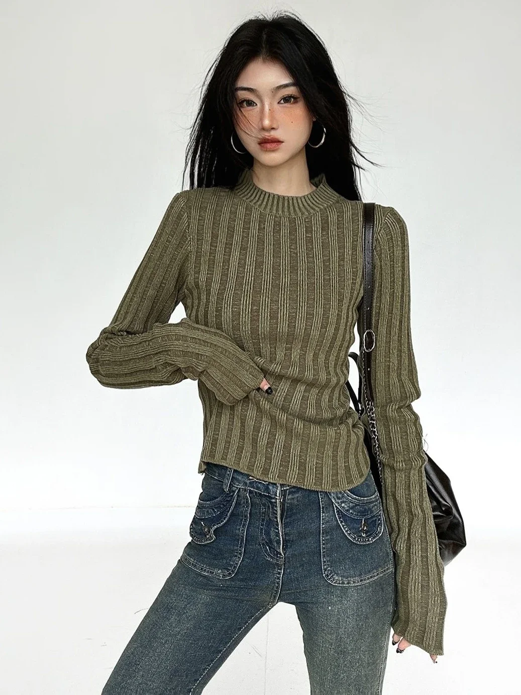 Deeptown Vintage Green Crop Sweater Women Fairy Grunge Striped Pullover Casual Slim Knitted Jumper Harajuku Fashion Sueter Mujer