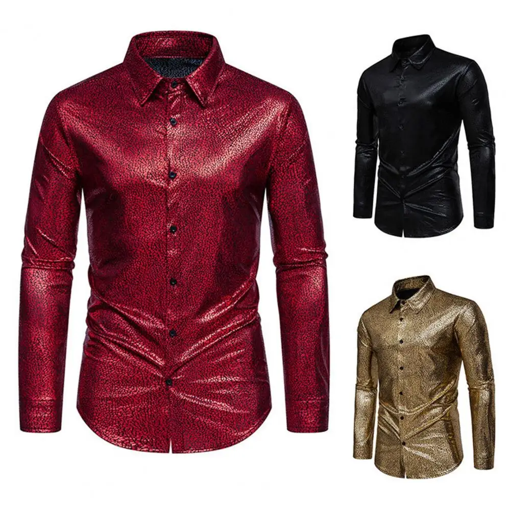 

Loose Fit Men Shirt Golden Stamping Slim Fit Shirt for Men Banquet Club Wear with Long Sleeve Single-breasted Design Men Shirt