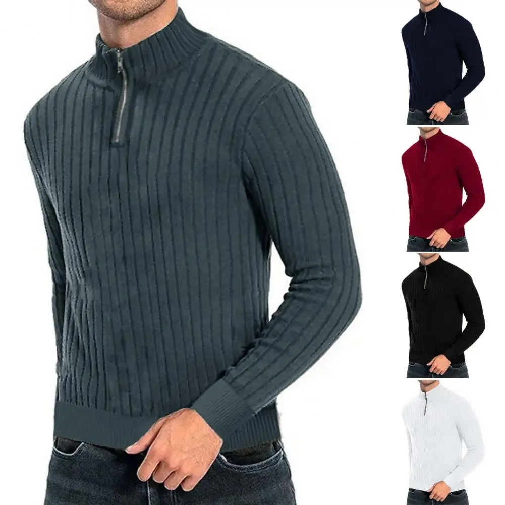 Fall Winter Men Sweater Solid Color Zipper Half-high Collar Knitted Top Striped Mid Length Male Pullover Sweater For Dating