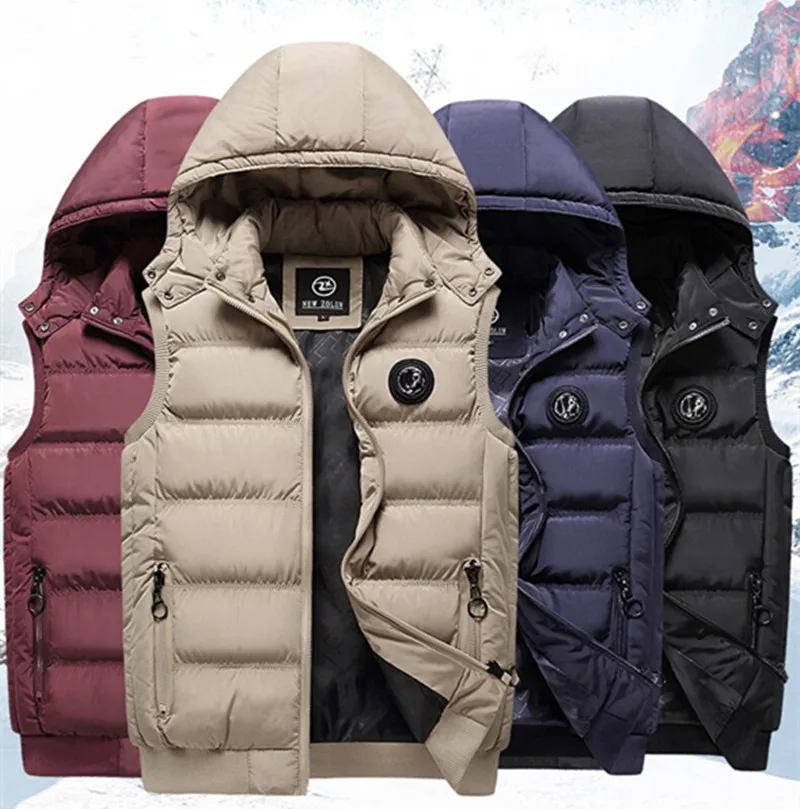 Men\'s Winter New Vest Cotton Hooded Autumn Vest Men\'s Outdoor Fashion Comfortable Solid Color Badge Cotton Coat Jacket Men