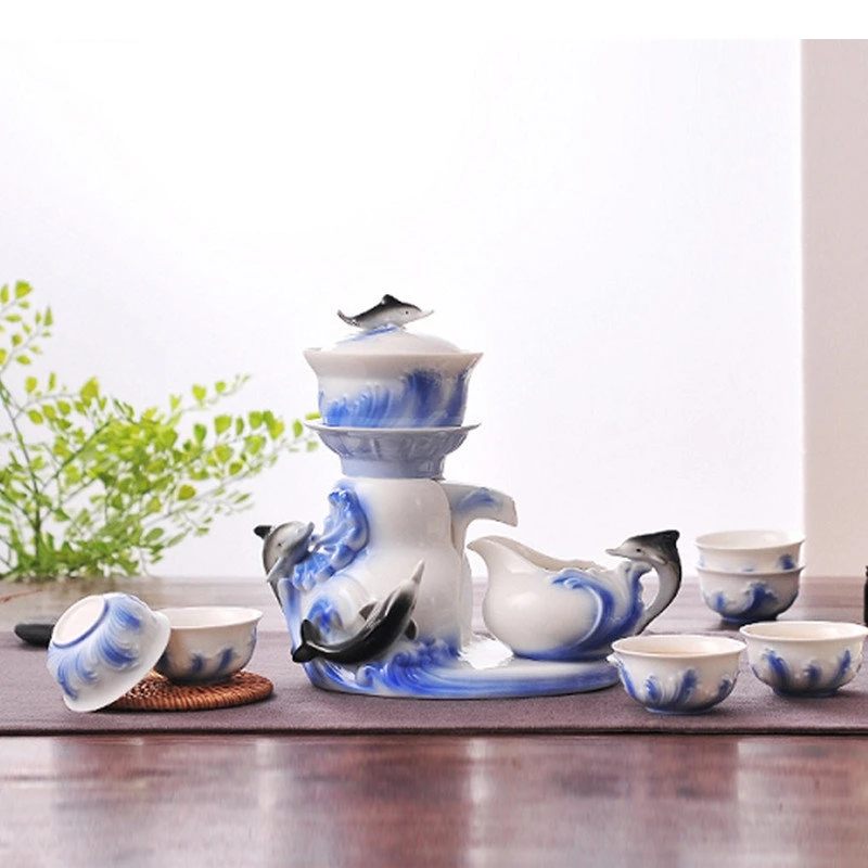 8Pcs/set Golden Fish Kung Fu Tea Set Ceramic Cup Fully Semiautomatic Pot Chinese Ceremony Home