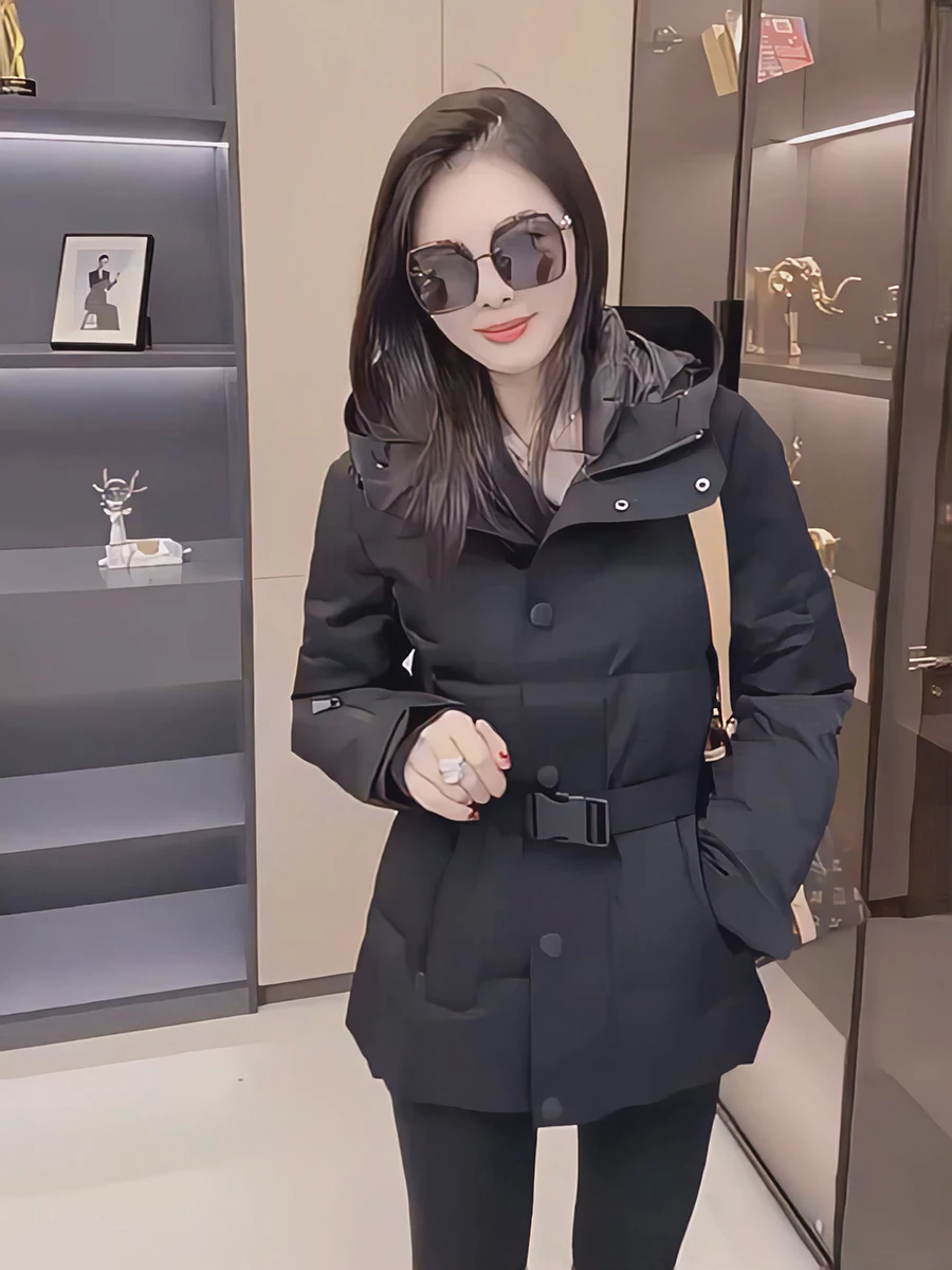 

Women's Faionable White Du down Jaet 2025 New Sle Belted Warm Coat Korean Sle Slim Fit Long Sve Zipper Closure