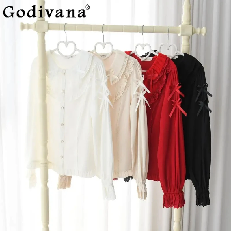 

Lolita Spring Autumn Heavy Industry Peter Pan Collar Long Sleeve Bottoming Shirt Cute Girl Ruffles Versatile Age Reduction Top