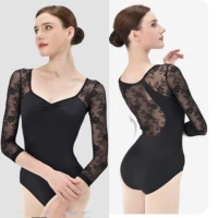 Leotardo de ballet para mujer adulta para danza, cuello redondo, forro frontal completo, leotardo de danza básica de manga larga de encaje