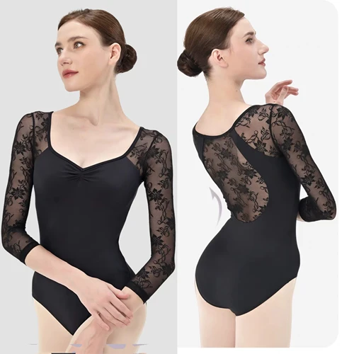 Leotardo de ballet para mujer adulta para danza, cuello redondo, forro frontal completo, leotardo de danza básica de manga larga de encaje